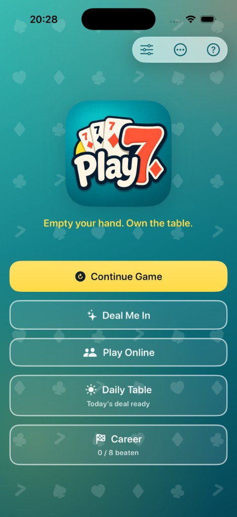 Play7 home with Continue, Deal Me In, Play Online, Daily Table, and Career